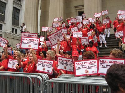 Nurses rally for a financial transaction tax. Photo by Marlee Blasenheim.