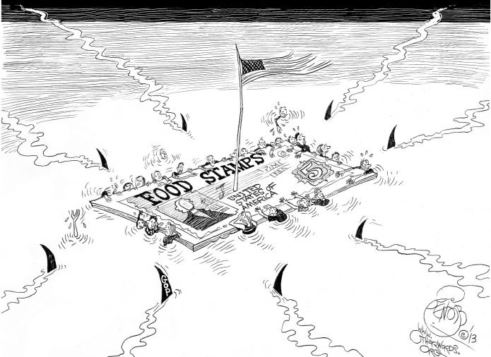 Food Stamps SOS, an OtherWords cartoon by Khalil Bendib