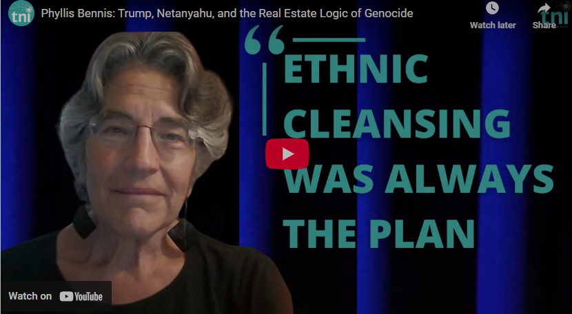 Screenshot of the cover image for a video interview. The image freatures Phyllis Bennis on the left with the words "ethnic cleansing was always the plan" on the right.