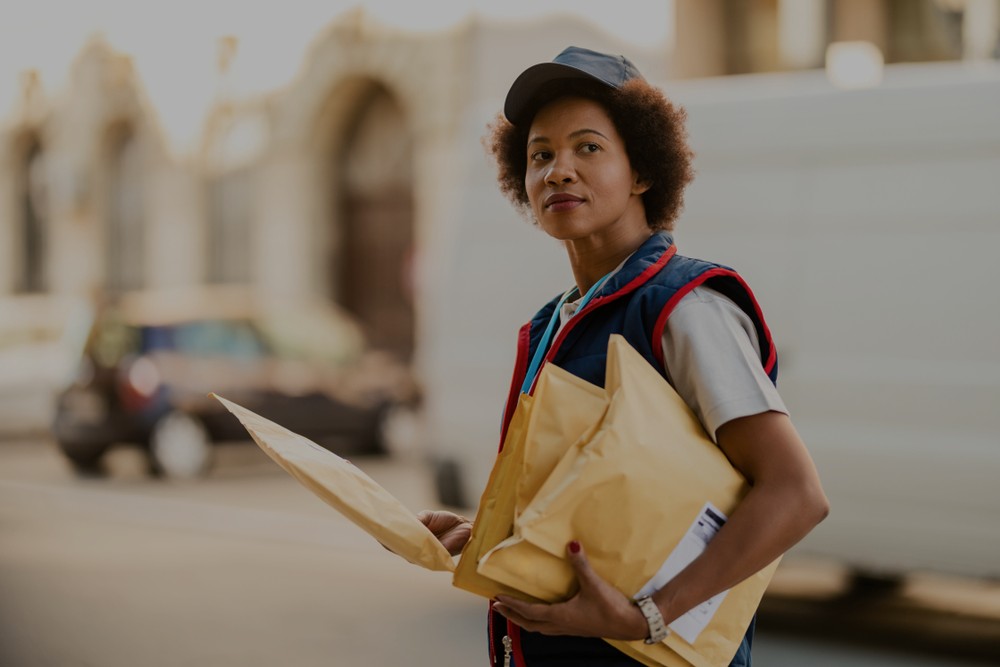 Image of a Black postal worker delivering mail