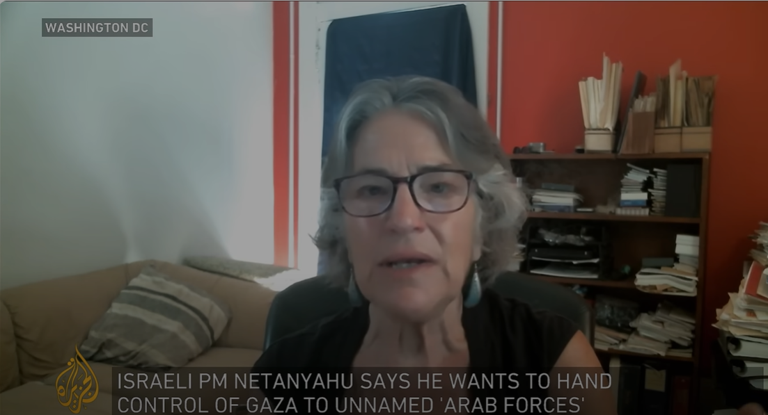 A screenshot of Phyllis Bennis doing an interview with Al Jazeera English on August 8, 2025.