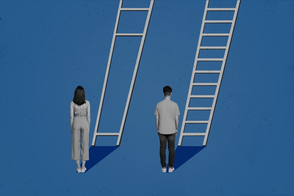 A illustration of two people standing before laddres, presumably about to climb them, but one of the ladders is missing essential rungs, which would make the climb either extremely difficult or impossible.