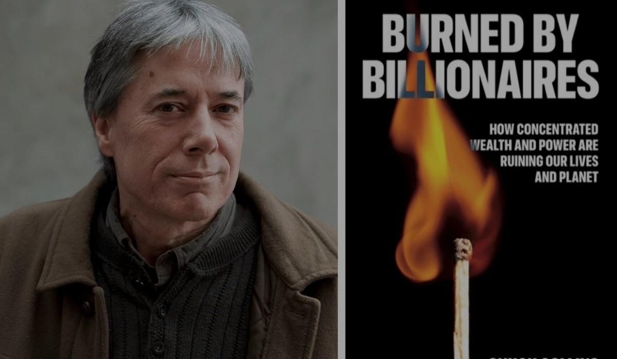 A side-by-side image of Chuck Collins and the cover of his new book "Burned by Billionaires"