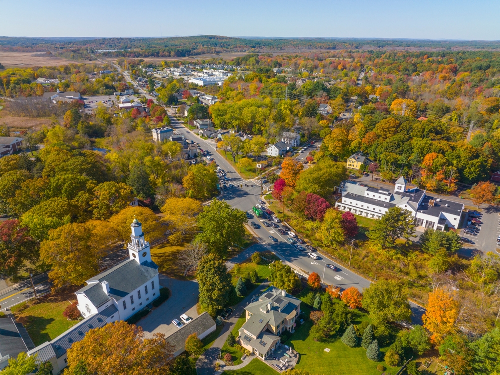 An aerial view of a rural small town