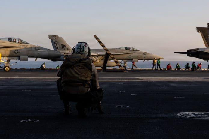 A U.S. fighter jet prepares to take off from the USS Abraham Lincoln during Operation "Epic Fury" targeting Iran. (Getty)