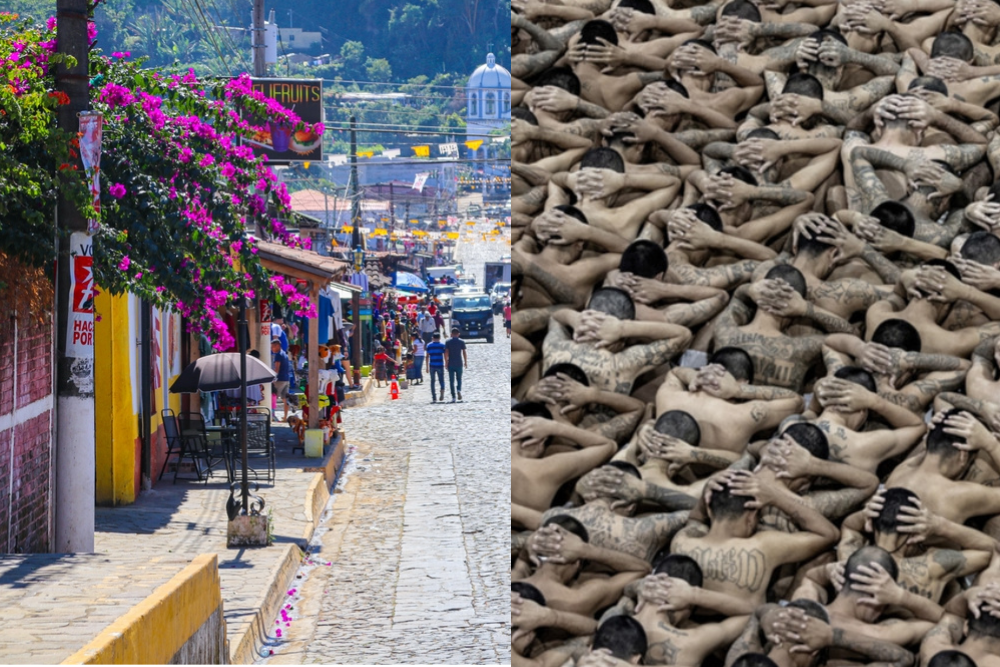 Photo of a picturesque street in El Salvador, juxtaposed with a photo of a group detainees who have been stripped of their garments and belongings.