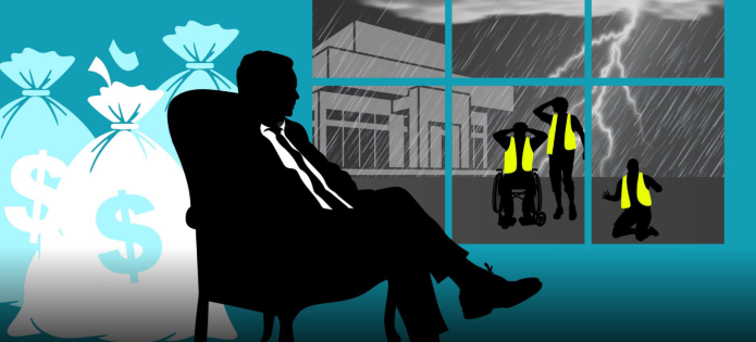 Illustration: A CEO in a suit sits comfortably among piles of cash while workers flee a storm outside.